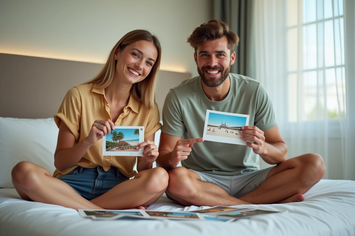 Deux amis en vacances choisissant l'emplacement du timbre sur une carte postale dans une chambre d'hôtel