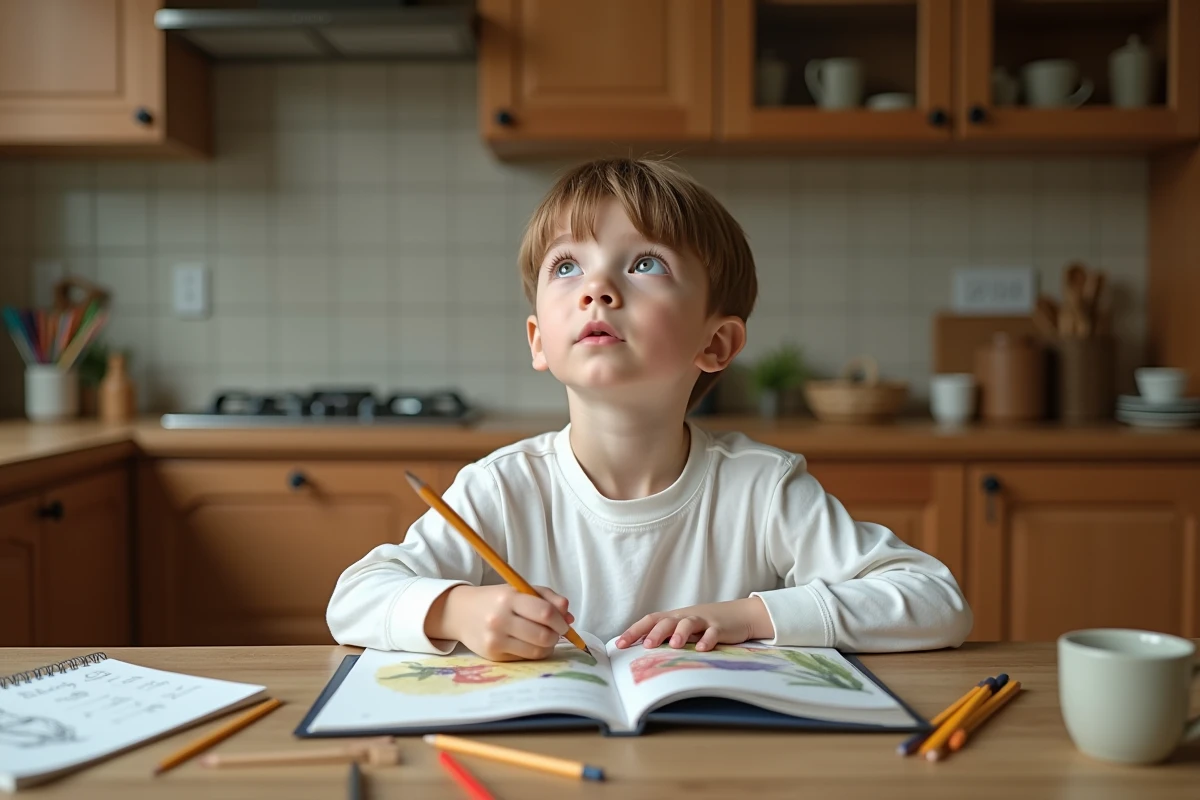 Jeune garçon découvrant une peinture célèbre dans un livre d'art illustré à la table de cuisine familiale