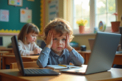 Enfant frustré devant plusieurs appareils en classe