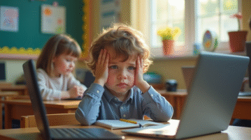 Enfant frustré devant plusieurs appareils en classe