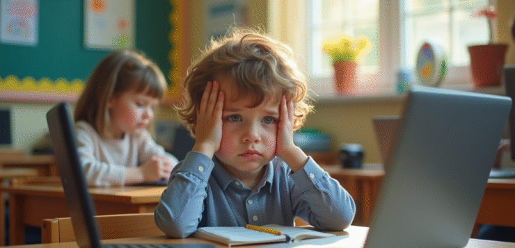 Enfant frustré devant plusieurs appareils en classe