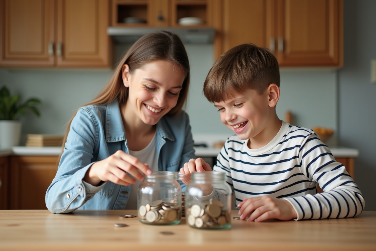 Garçon de huit ans et sa mère comptant des pièces à la cuisine