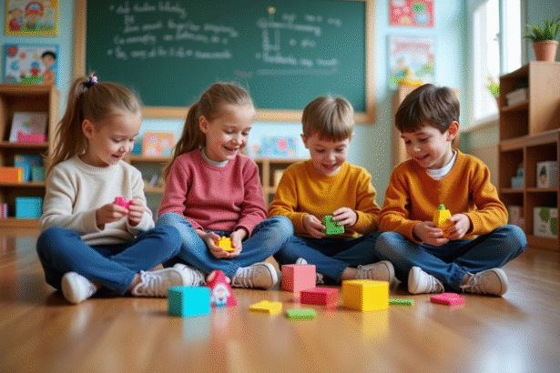 Quatre enfants d'école primaire jouent avec des puzzles colorés