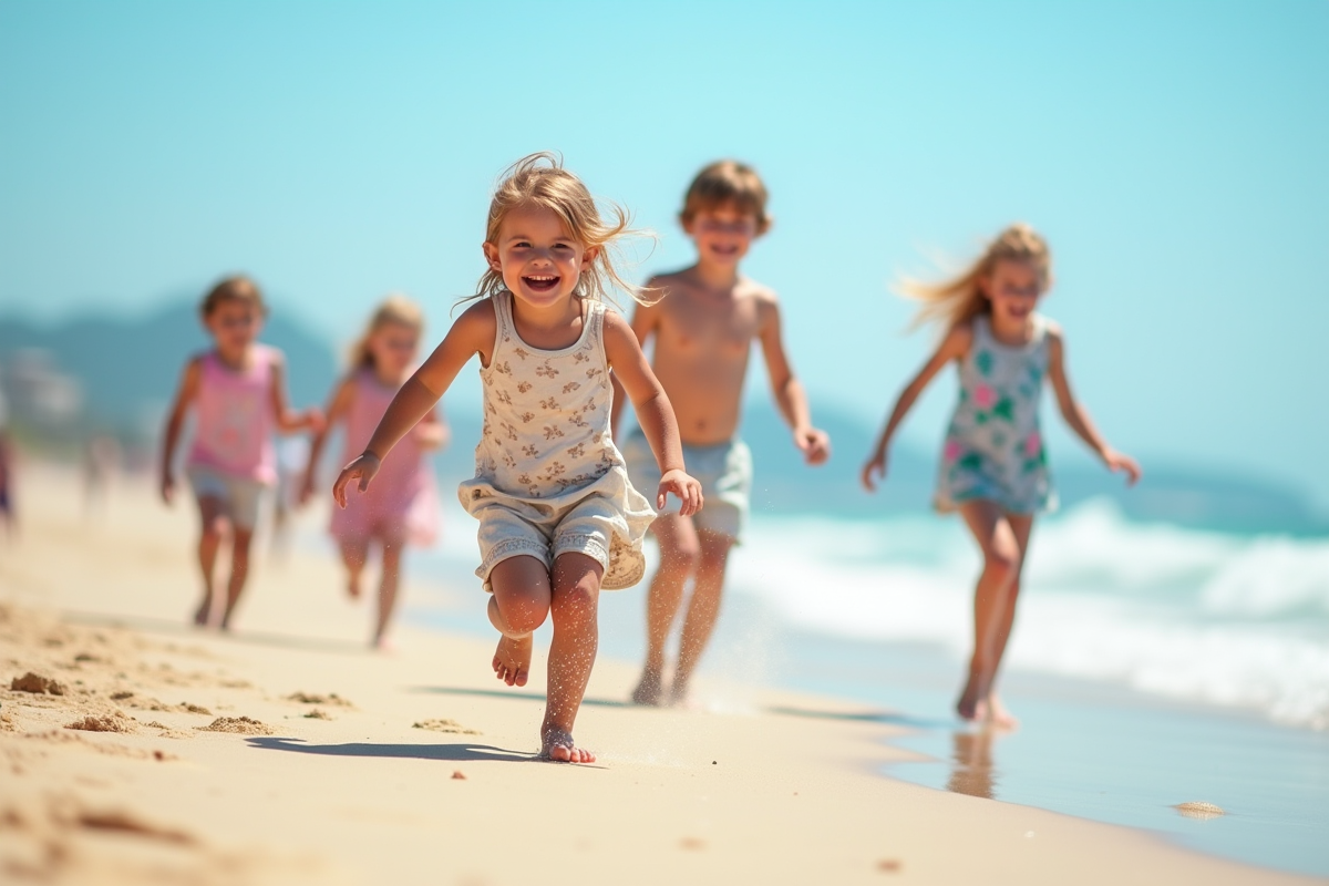 Enfants jouant sur la plage en vacances d