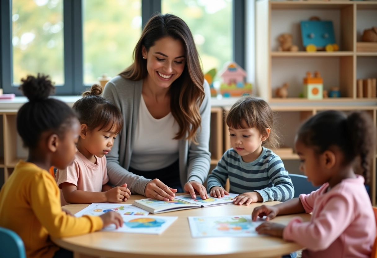Une enseignante aide des enfants à lire dans une salle de jeux