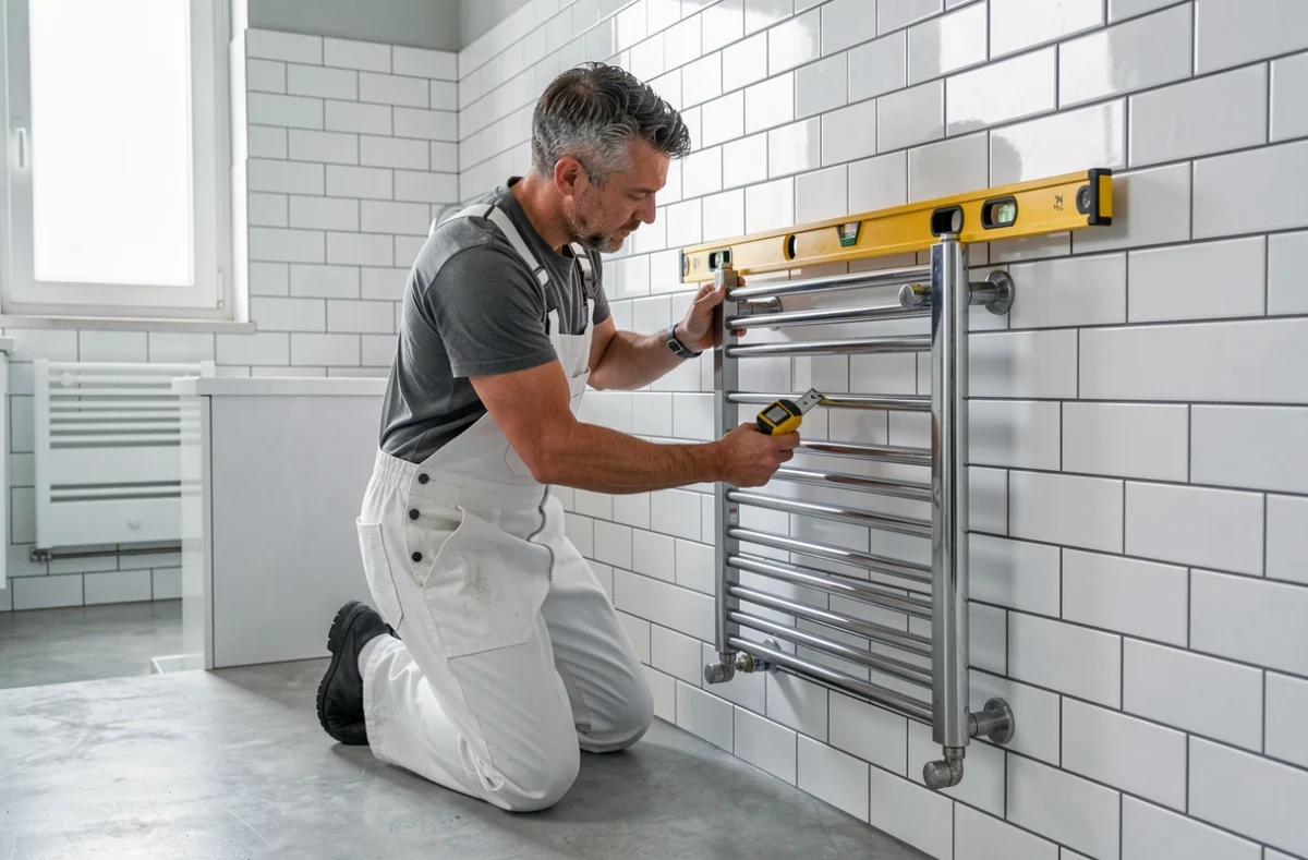 Plombier Etablissement Laroche installant un radiateur mural dans une salle de bain rénovée à Versailles
