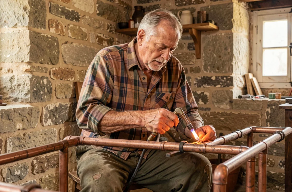 Artisan plombier Ets Leroy Père et Fils soudant des raccords en cuivre dans une cave versaillaise