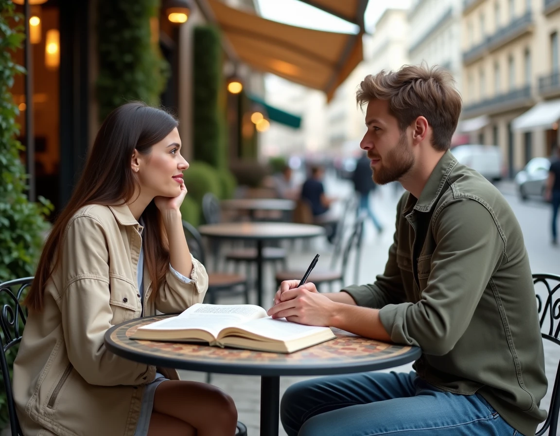 Deux étudiants discutant d'exemples paradigmatiques autour d'un manuel en terrasse de café parisien