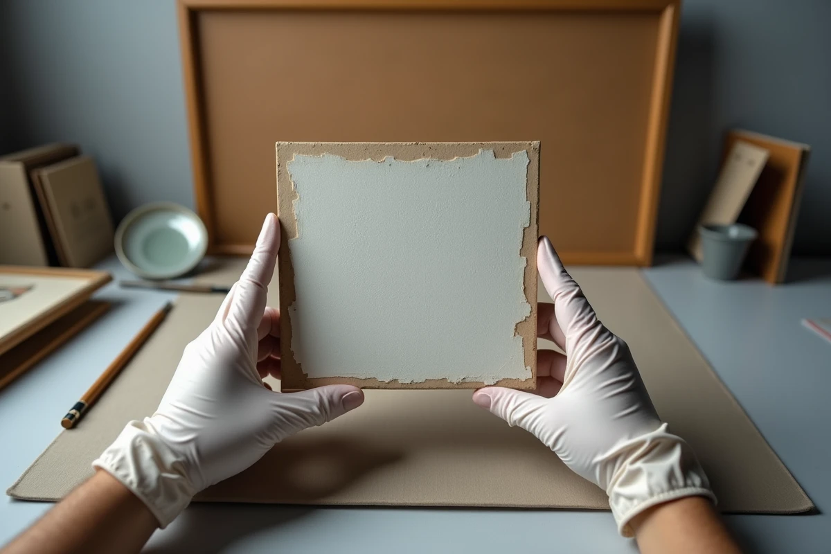 Expert en art tenant une peinture authentifiée de Jean Bille lors d'une expertise pour garantir un achat sécurisé