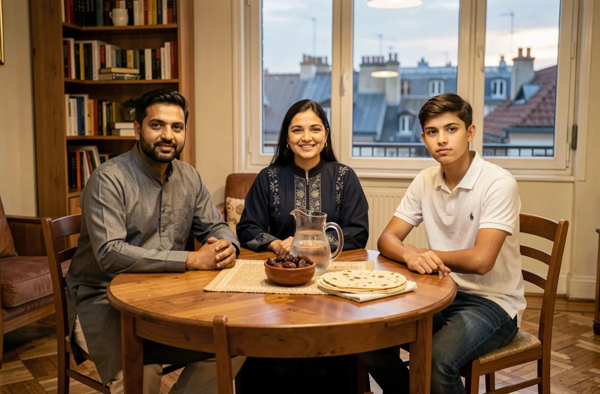 Famille réunie autour d'une table de l'iftar dans un appartement lyonnais, suivant l'horaire du Ramadan à Lyon
