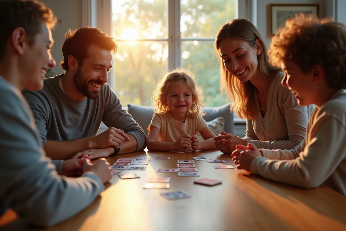 Famille jouant à la crapette dans un salon chaleureux