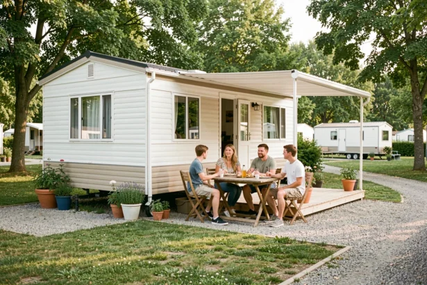 Famille profitant d'un repas en terrasse devant un mobil-home moderne dans un camping familial entouré de verdure