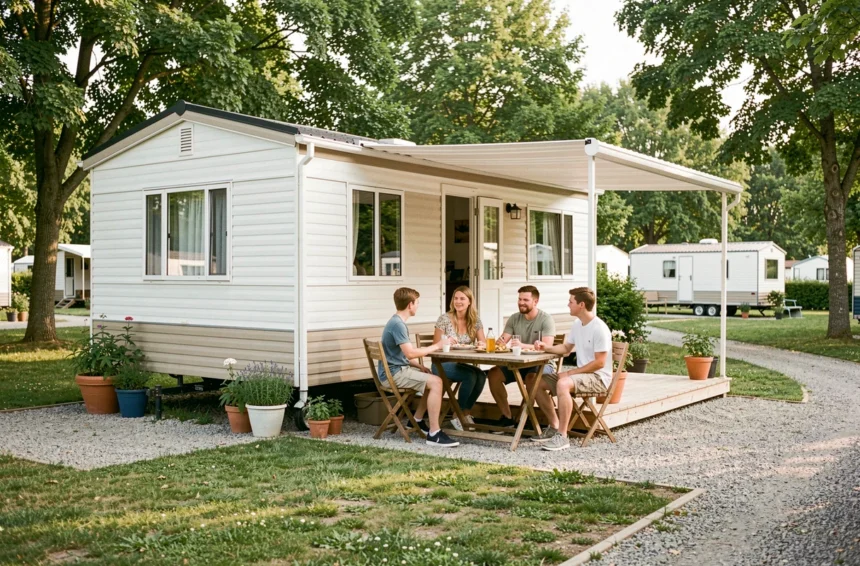 Famille profitant d'un repas en terrasse devant un mobil-home moderne dans un camping familial entouré de verdure