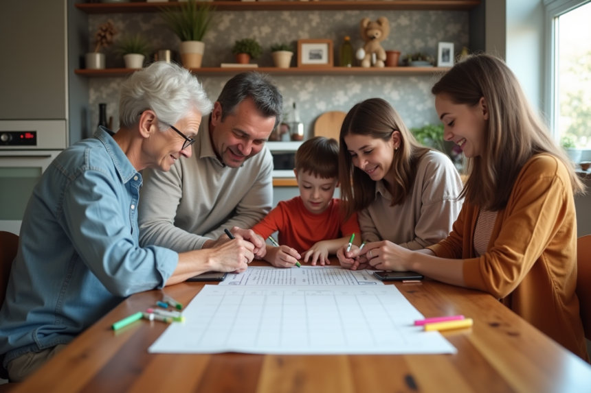 Famille multigenerations autour d'un calendrier familial à la cuisine