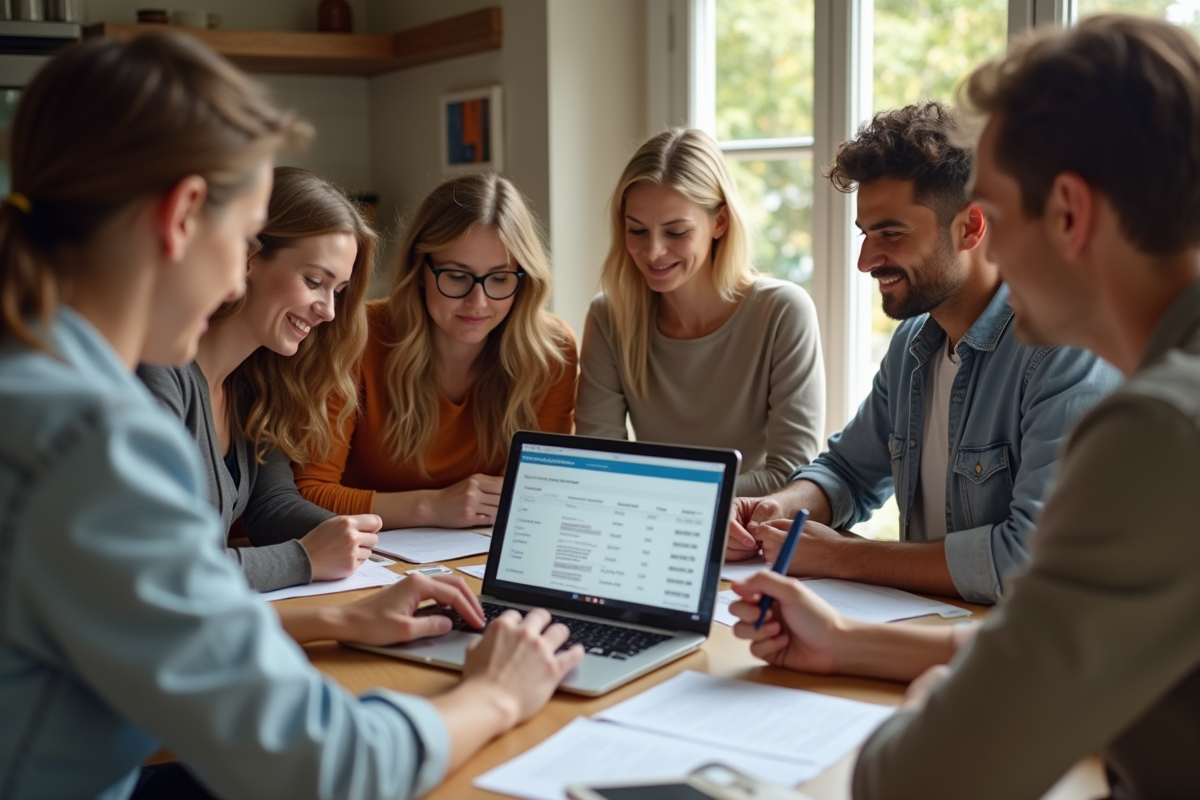 Famille diverse discutant des options de paiement à la maison