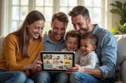 Famille souriante autour d'une tablette en famille
