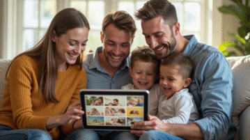 Famille souriante autour d'une tablette en famille
