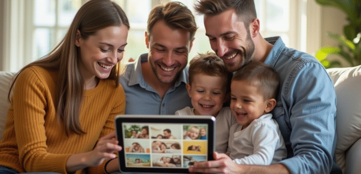 Famille souriante autour d'une tablette en famille