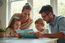 Famille souriante préparant les vacances d'été à la maison