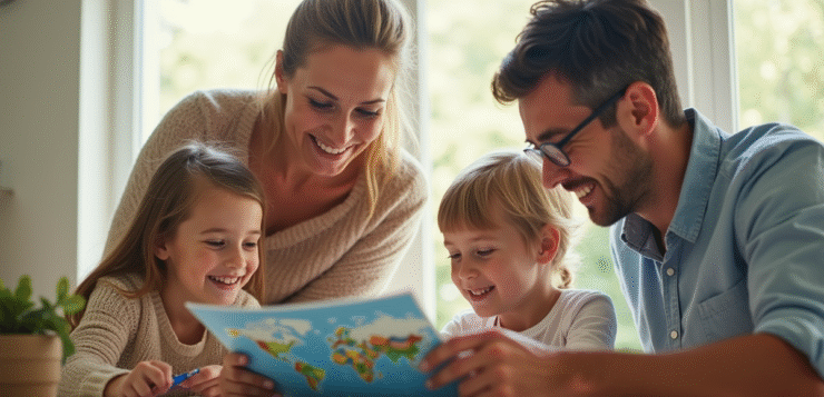 Famille souriante préparant les vacances d'été à la maison