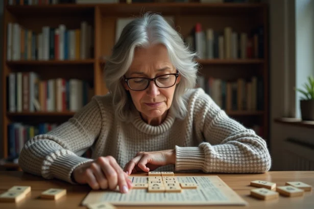 Femme concentrée résolvant des anagrammes sur une grille de mots croisés avec des lettres Scrabble sur une table en bois