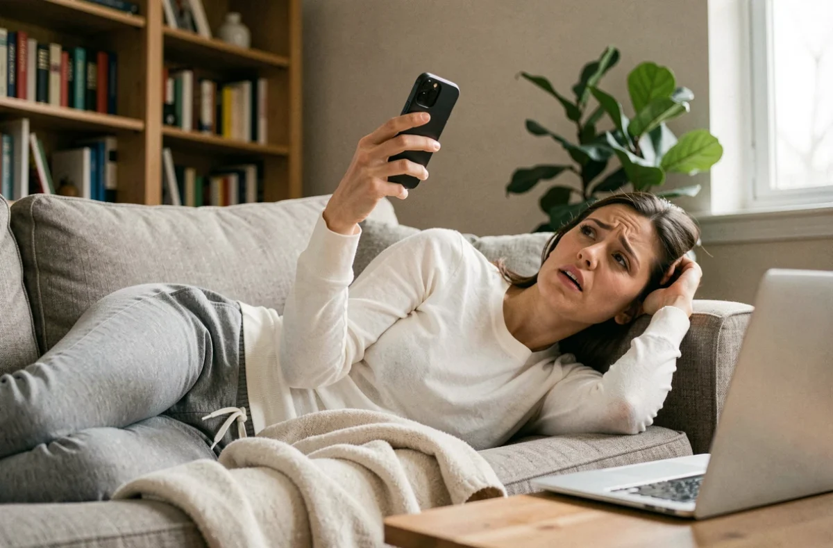 Femme allongée sur un canapé analysant des messages sur son téléphone, illustrant la surinterpétation dans une relation amoureuse