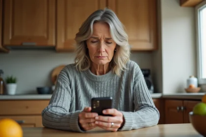 Femme confuse regardant un appel entrant au 0568 sur son smartphone dans une cuisine