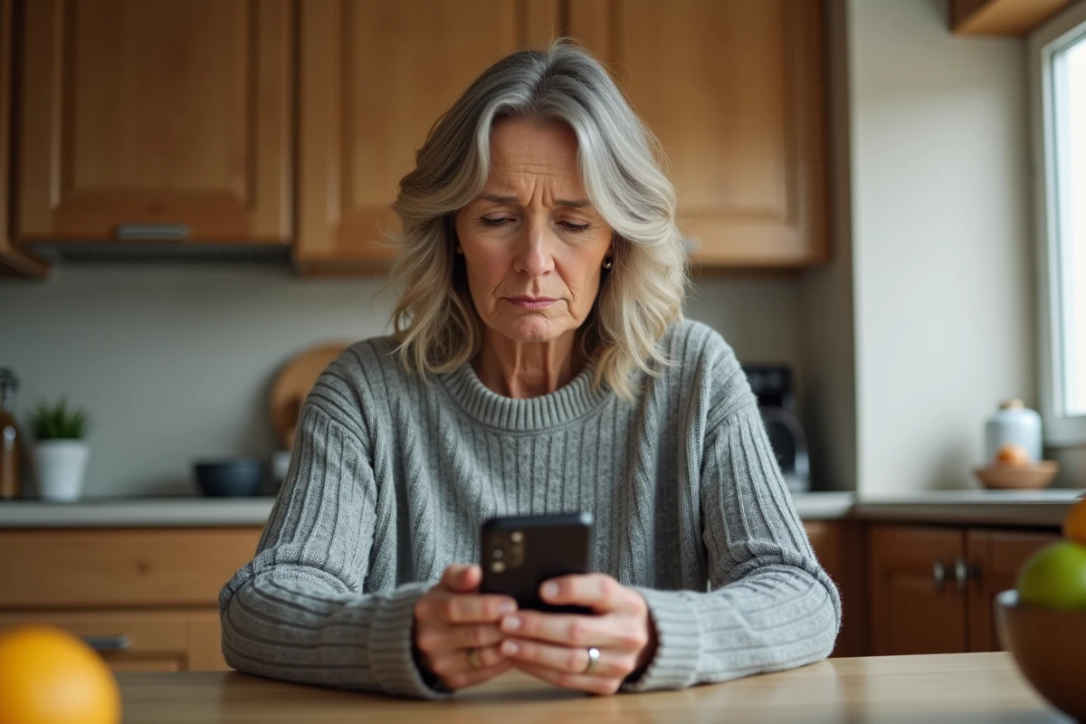 Femme confuse regardant un appel entrant au 0568 sur son smartphone dans une cuisine