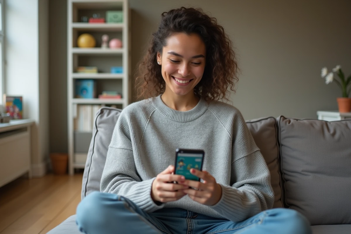 Jeune femme utilisant l'application Pokémon TCG Pocket sur son smartphone dans un salon moderne