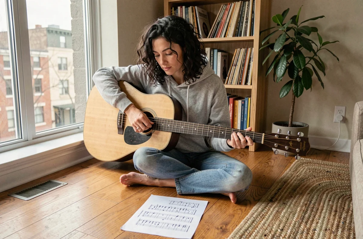 Femme apprenant les accords de guitare Mistral Gagnant avec une fiche de tablature dans un appartement