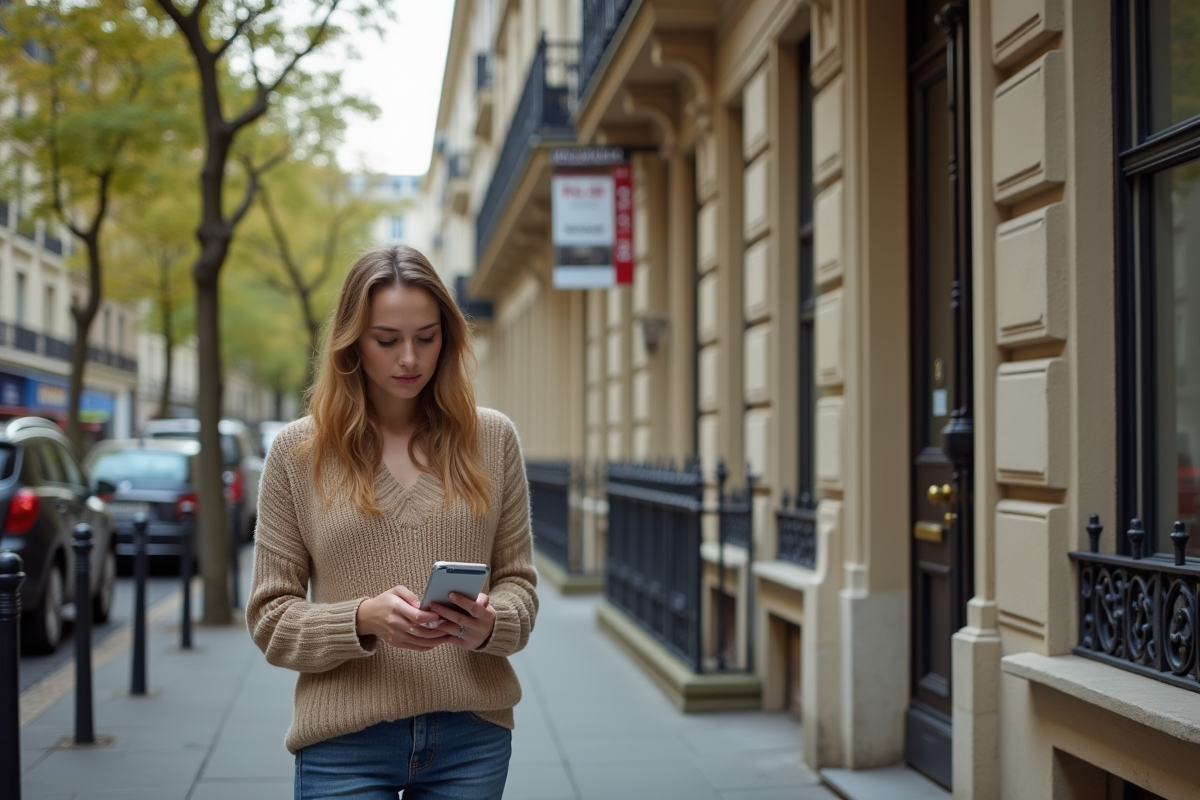 Femme regardant son smartphone devant un panneau de vente