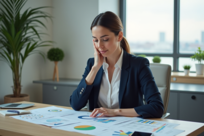 Femme professionnelle analysant des tableaux dans un bureau moderne