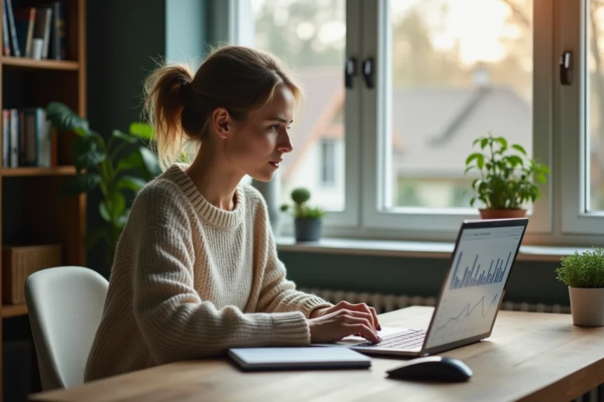 Femme au bureau moderne analysant des graphiques sur son ordinateur