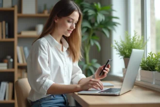 Jeune femme au bureau utilisant son ordinateur et smartphone