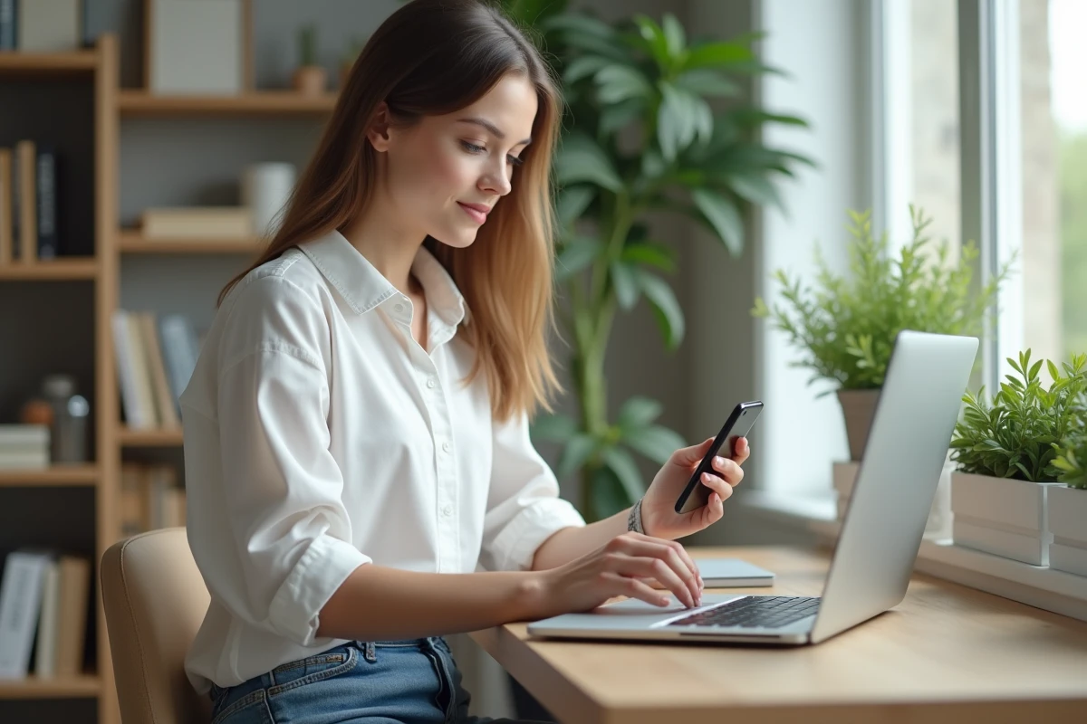 Jeune femme au bureau utilisant son ordinateur et smartphone