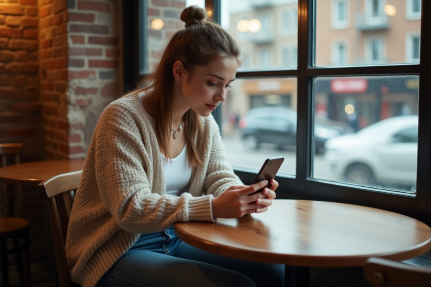Jeune femme au café regardant son smartphone