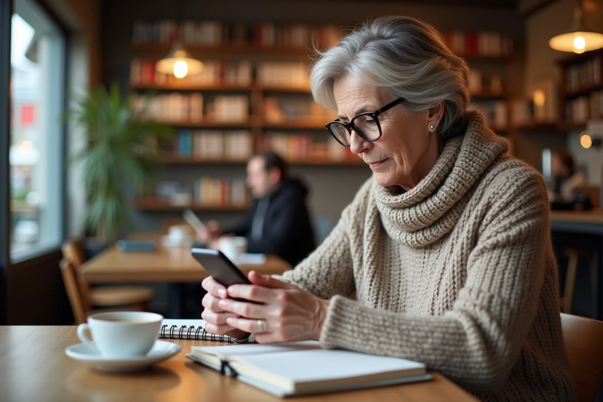 Femme âgée utilisant son smartphone dans un café moderne