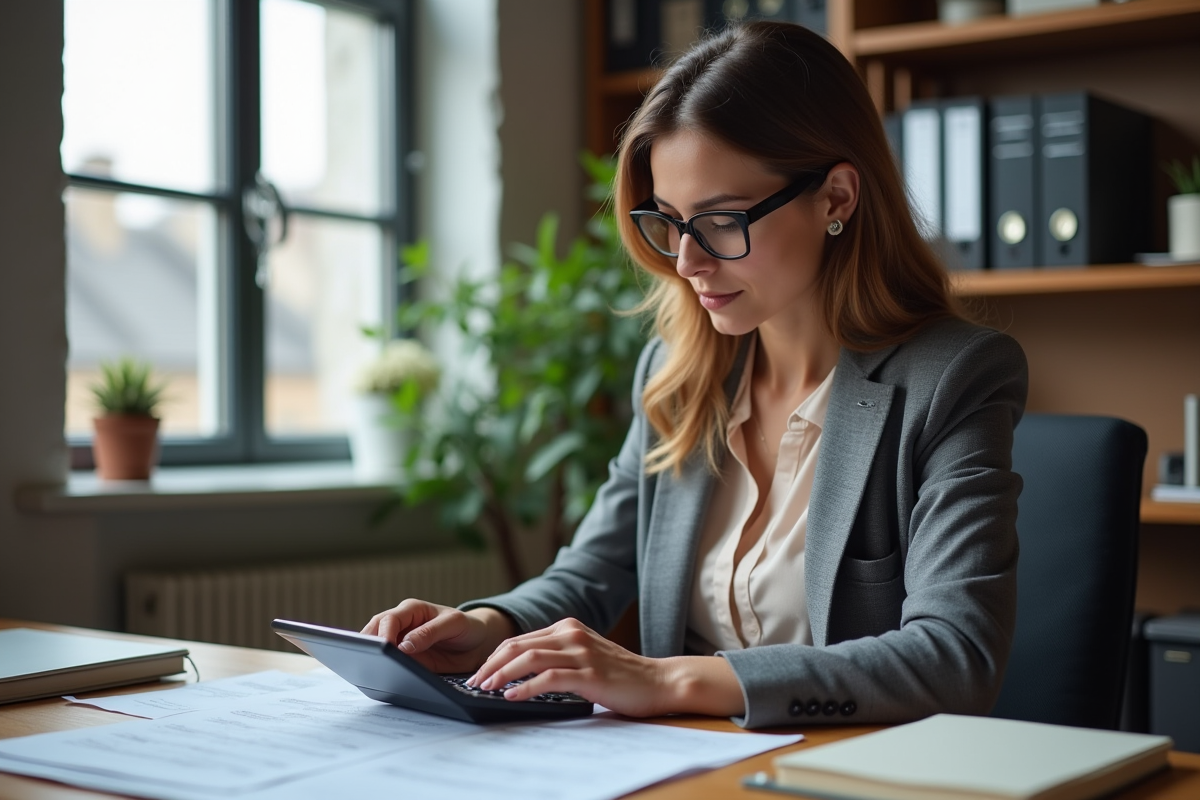 Femme en blazer gris utilise calculatrice dans un bureau lumineux