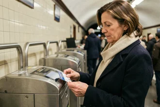 Femme utilisant sa carte Navigo dans une station de métro parisienne ligne 3 au validateur