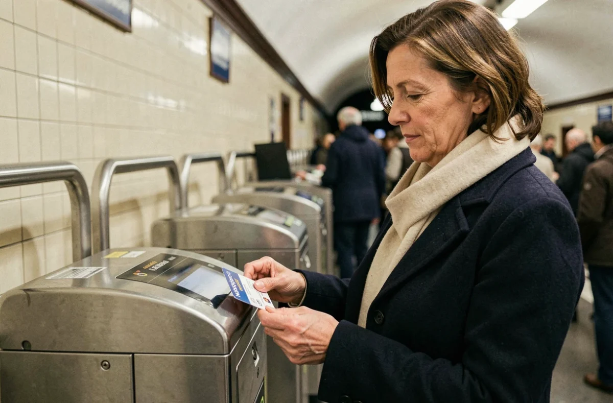 Femme utilisant sa carte Navigo dans une station de métro parisienne ligne 3 au validateur