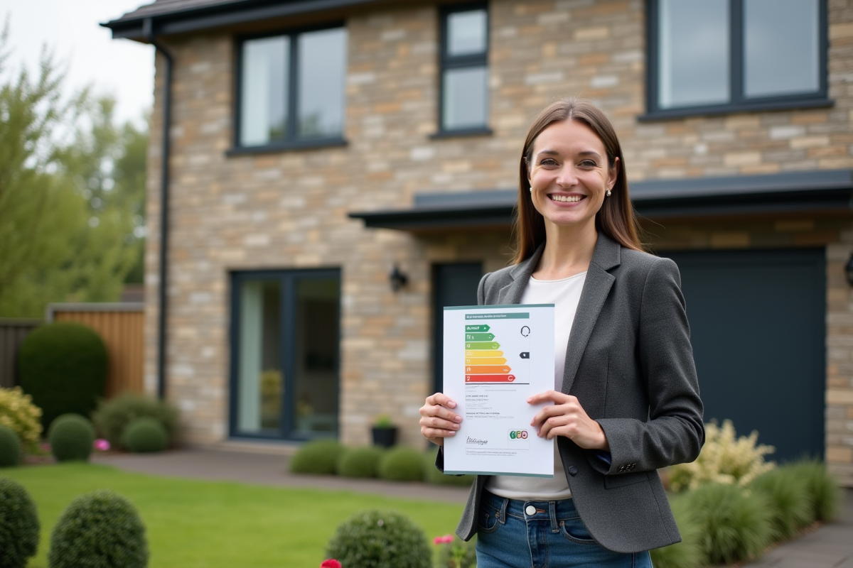 Femme souriante avec certificat énergétique devant maison