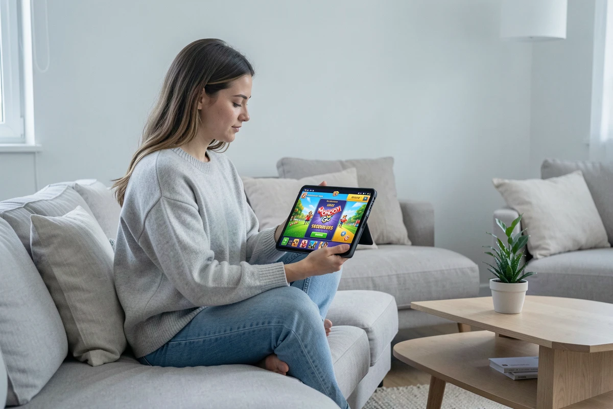 Femme jouant à Monopoly GO sur tablette avec l'interface du Club des magnats visible