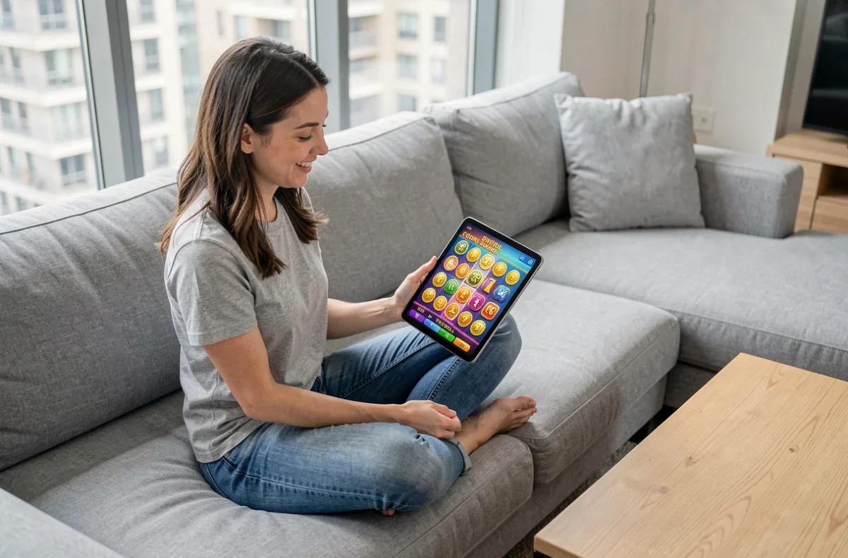 Femme jouant à Coin Master sur tablette dans un salon moderne avec des coins et tours gratuits visibles