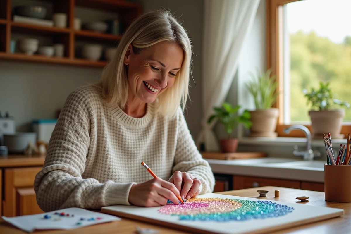 Femme assise à la table en train de poser des perles sur une toile colorée