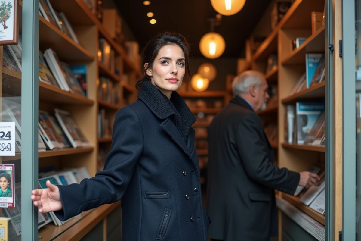Femme entrant dans un bureau de tabac pour acheter journaux et cartes en France