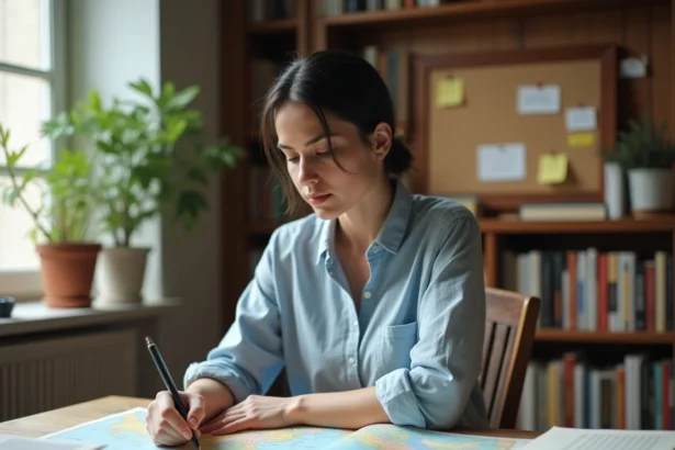 Femme étudiant une carte géographique dans un bureau avec des atlas ouverts pour retenir les capitales en Y