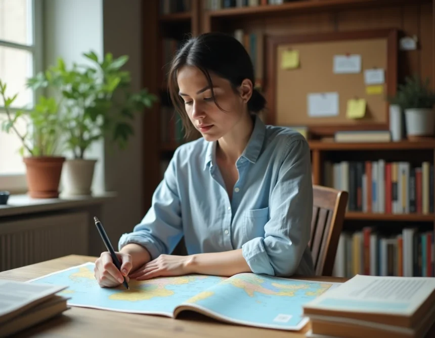 Femme étudiant une carte géographique dans un bureau avec des atlas ouverts pour retenir les capitales en Y