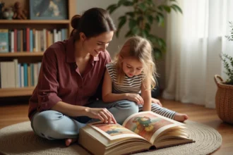 Femme expliquant une peinture célèbre à une jeune fille à partir d'un livre d'art illustré sur le sol d'un salon chaleureux