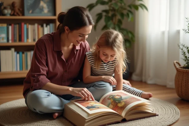 Femme expliquant une peinture célèbre à une jeune fille à partir d'un livre d'art illustré sur le sol d'un salon chaleureux