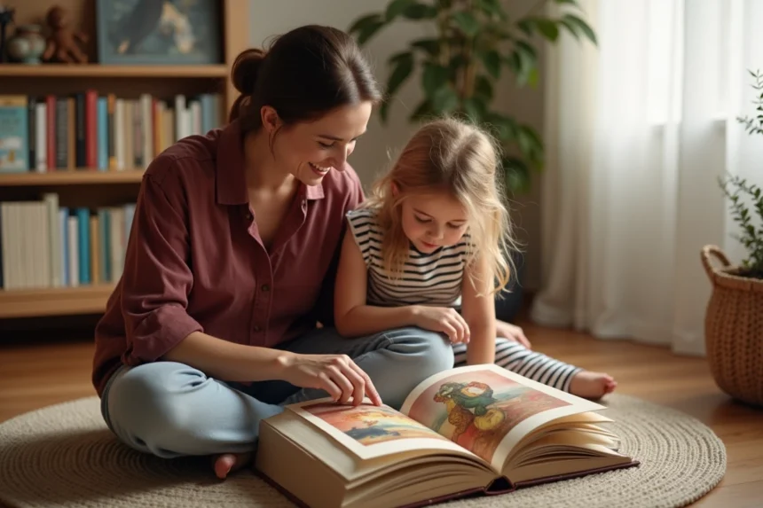 Femme expliquant une peinture célèbre à une jeune fille à partir d'un livre d'art illustré sur le sol d'un salon chaleureux